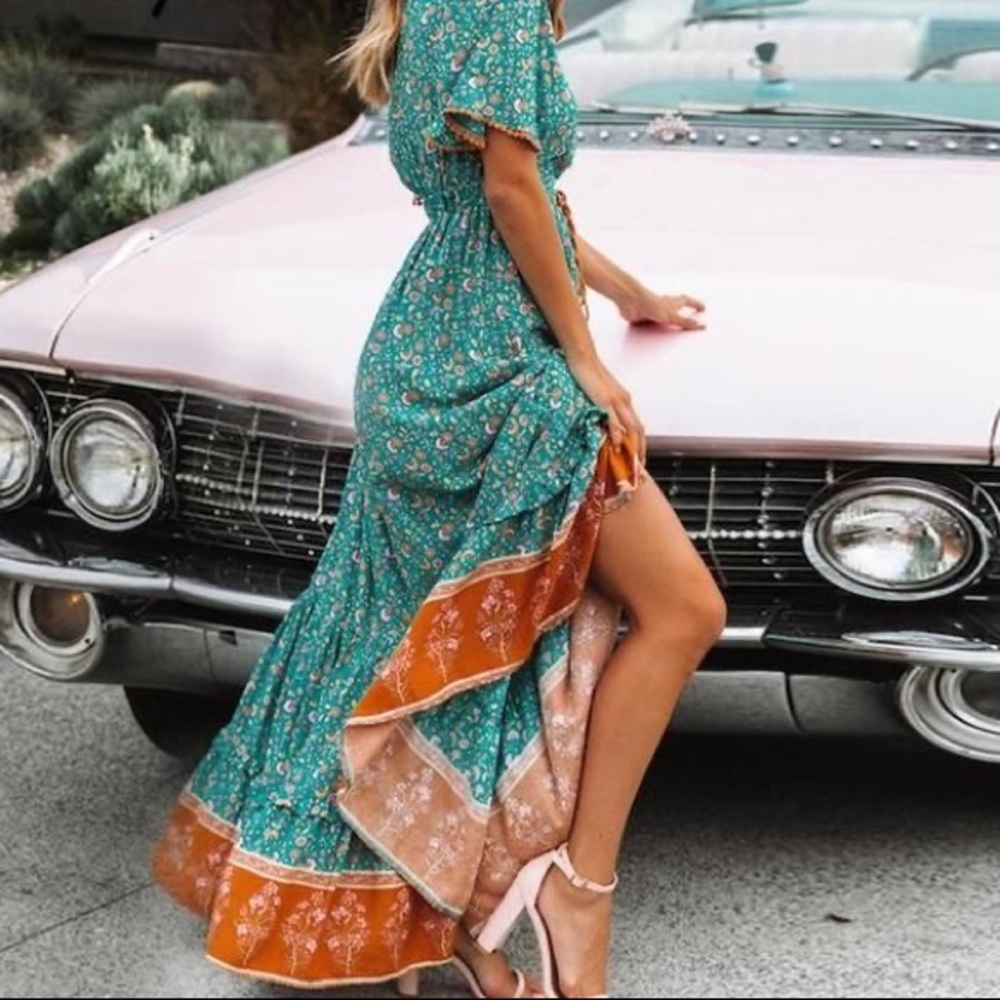 Bohemian Floral Print Maxi Dress Green Gypsy - Picture 2 of 8